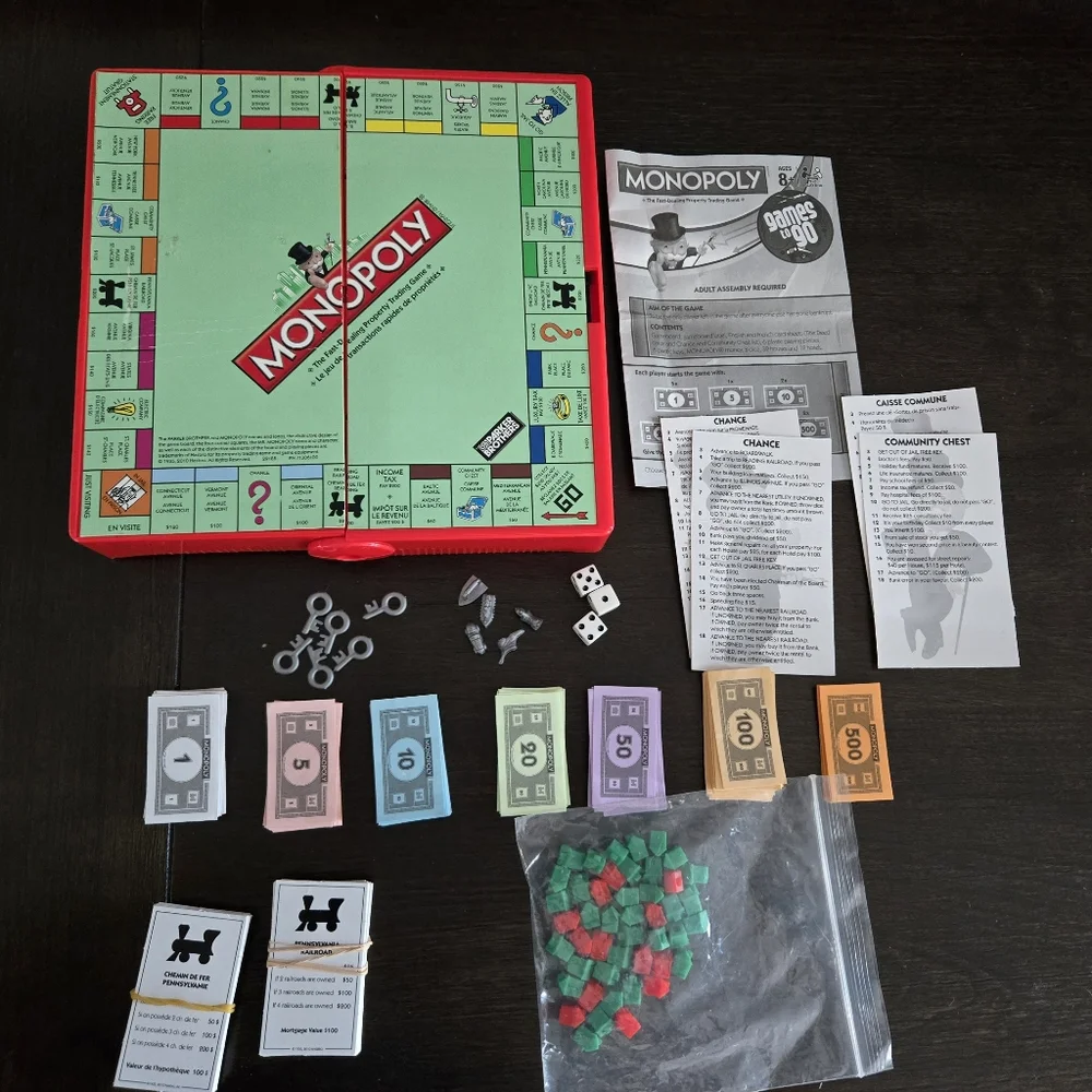 Travel Monopoly Game, Mini Game & Pieces English & Spanish Cards, Like New Cond
